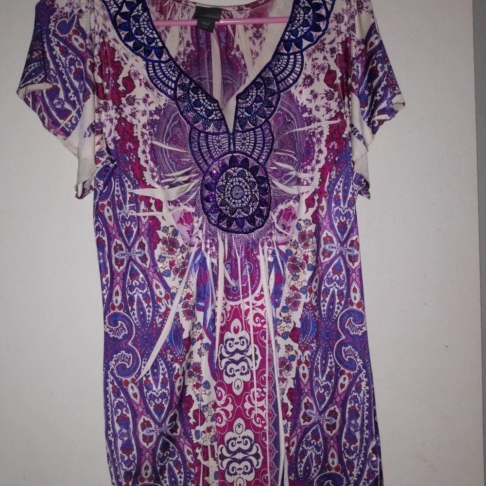 Covington Sz Med. Purple, Fuchsia,Cream Embroidered, Sequence Neckline Top,